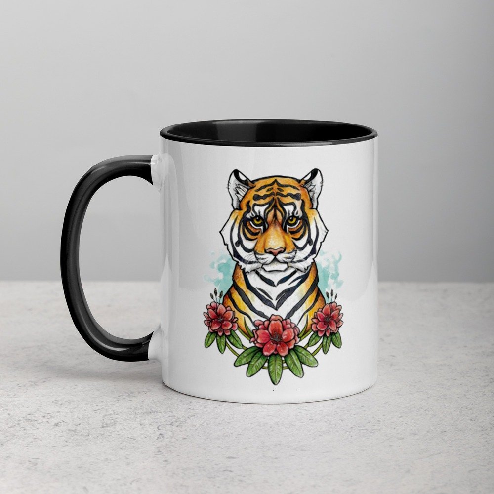 bengal-tiger-with-flowers-white-ceramic-mug-with-color-inside-black-11oz-left-ryanne-levin-art