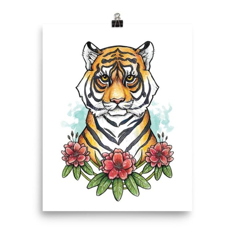 Bengal Tiger & Red Rhododendrons 8×10 Print