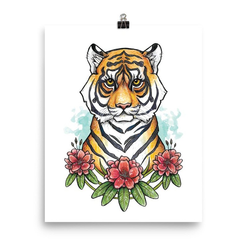 8x10-bengal-tiger-red-rhododendron-print-on-clip-ryanne-levin-art