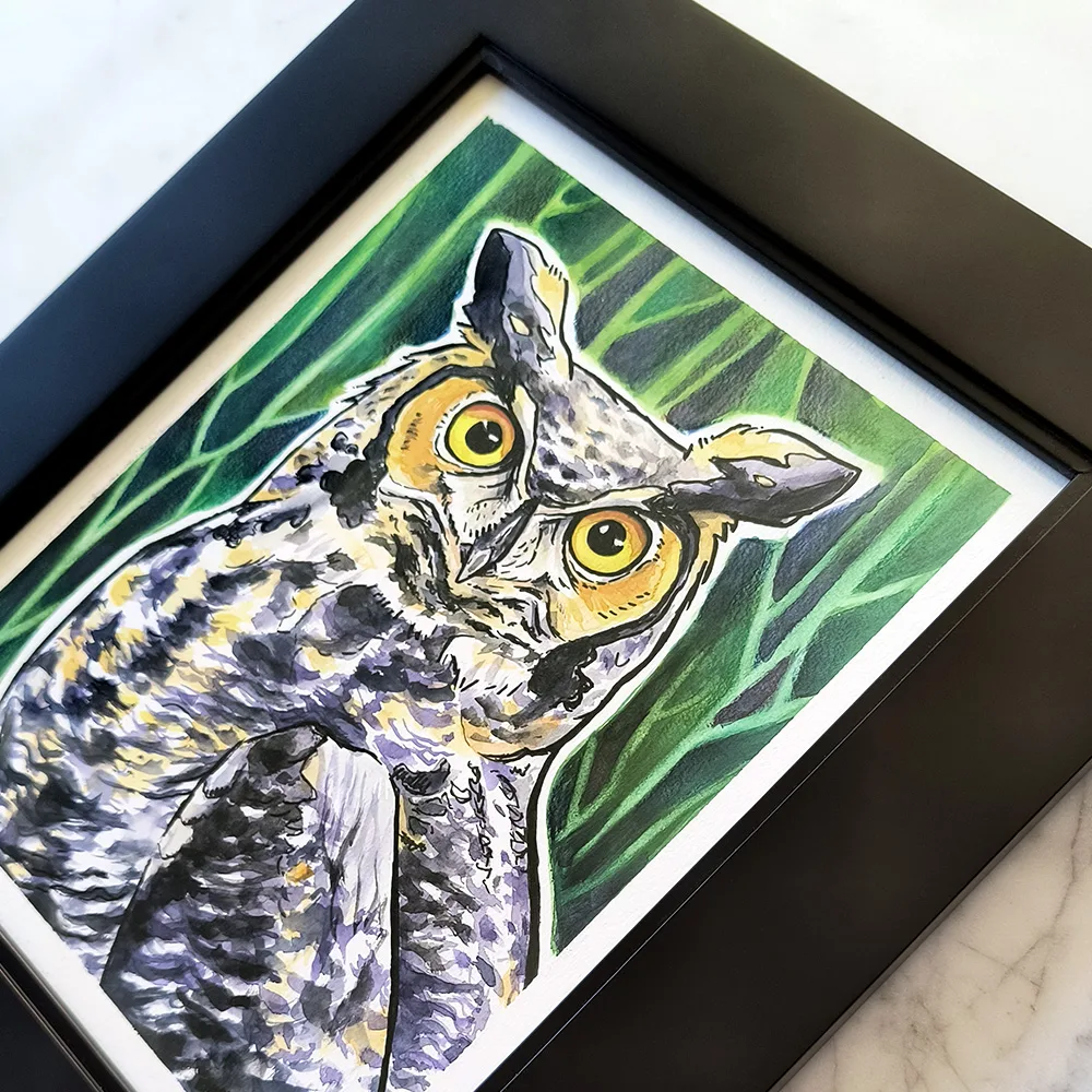 the-great-horned-owl-watercolor-artwork_frame-feature2_8x10_Ryanne-Levin-Art